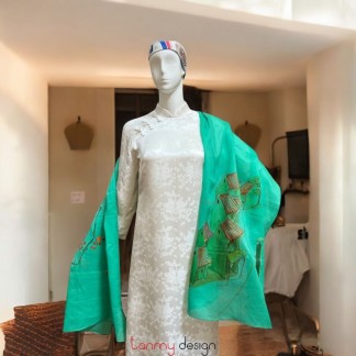 Khăn gai dài màu xanh vẽ tay hình phố cổ 70*190cm